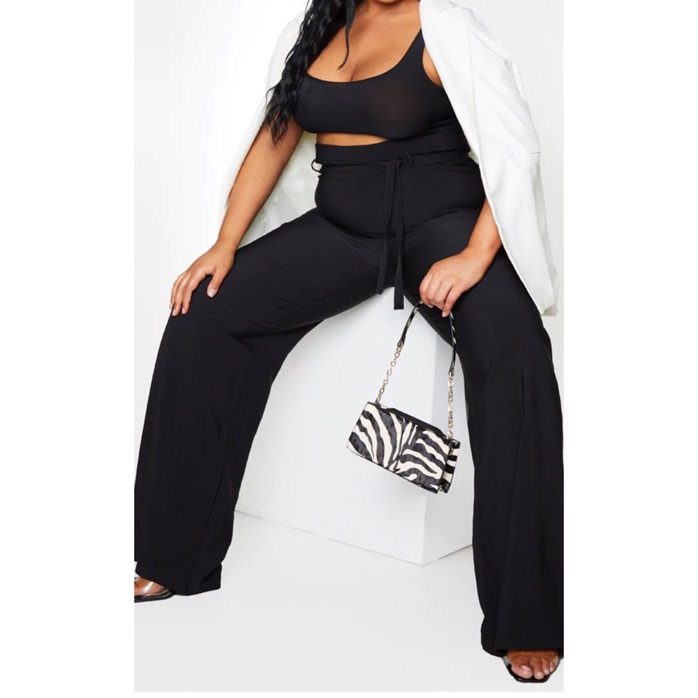 Plus Black Tie Waist Wide Leg Pants